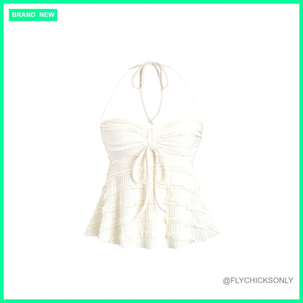 Peplum Halter Crop Top, Drawstring Tie Ruched Cami, Summer Casual